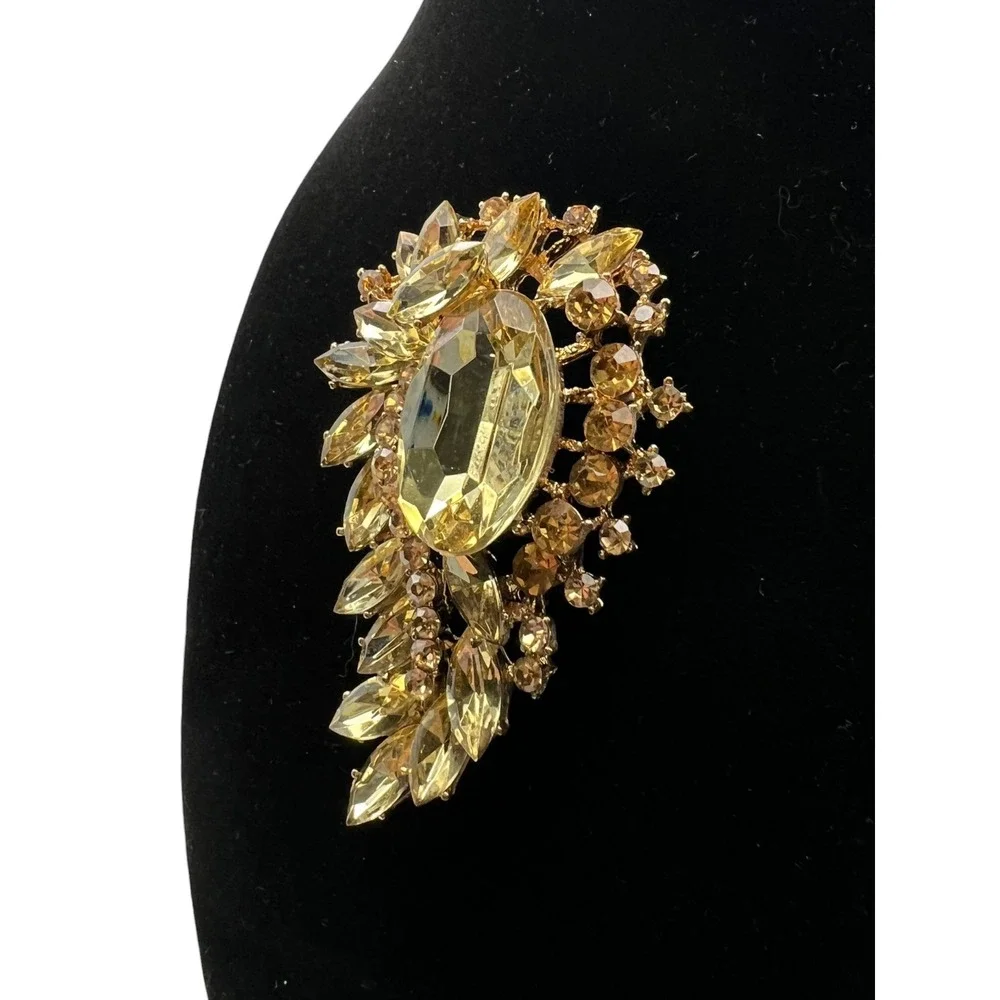 Vintage‎ Topaz Rhinestone Brooch Large Gold Statement Amber Glass Pin